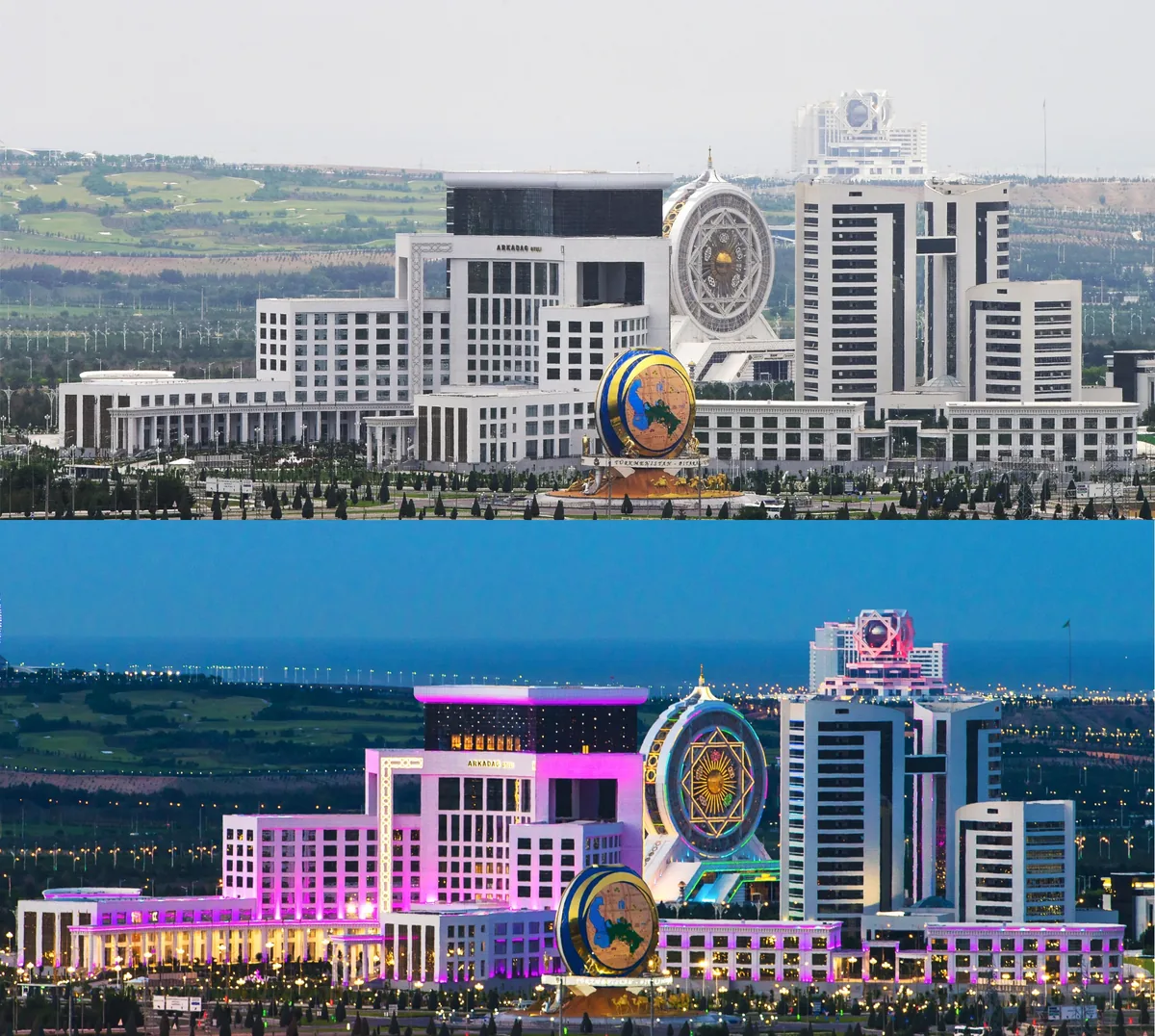 Arkadag city center panorama in Turkmenistan during the day and at night