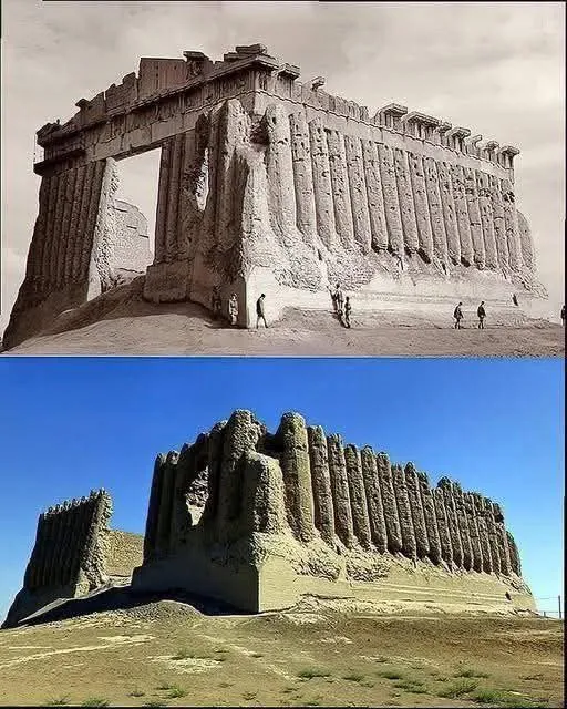 Historical reconstruction and modern view of the Greater Kyz Kala fortress in Mary, Turkmenistan. Ancient mud-brick architecture featuring unique corrugated walls.