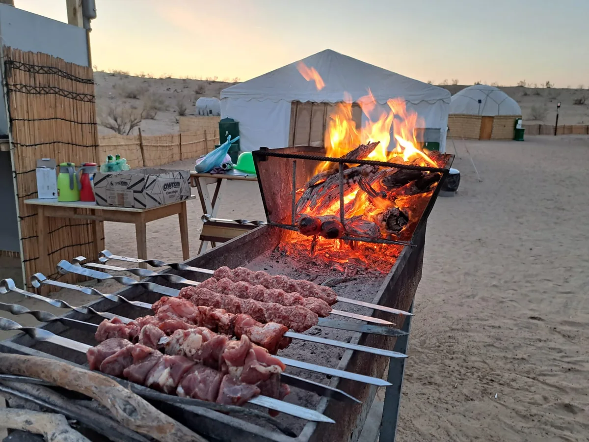 Shashlik barbecue on a grill at a yurt camp near the Darvaza Gas Crater, Karakum Desert, Turkmenistan